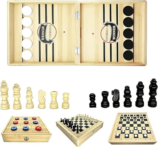 4-in-1 Sling Puck Game Set Super Winner Sling Puck Set, Chess, Checkers, Tic Tac Toe Games, Portable Folding Tabletop Chess Board Game for Adults and Kids