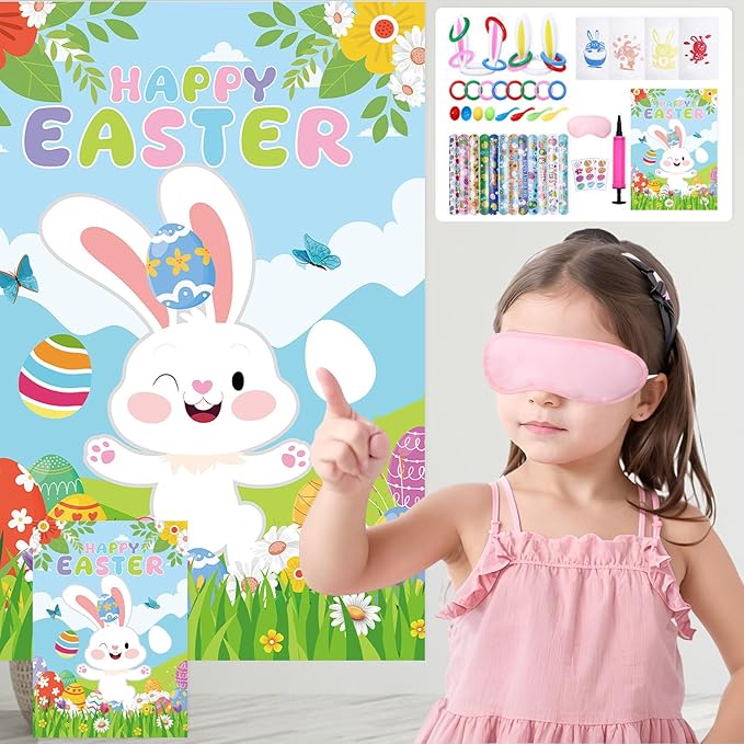 26pcs Easter Games for Kids Outdoor Potato Sack Race Bags Inflatable Bunny Ears Ring Toss Game Egg and Spoon Pin The Tail on The Bunny Game for Party Favors