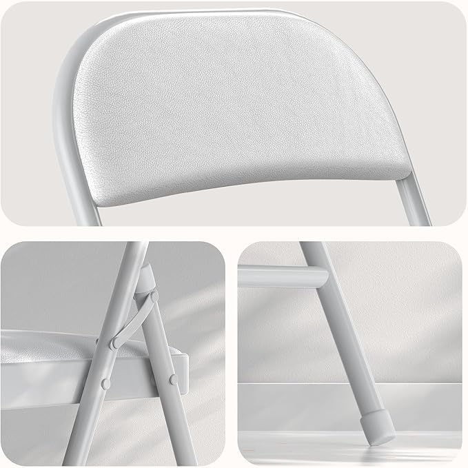 Nazhura 4 Pack Folding Chairs with Padded Cushion and Back, Khaki Metal Chairs with Comfortable Cushion and Durable Steel Frame for Home and Office, for Indoor and Outdoor Events (White, 4 Pack)