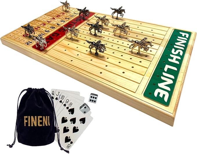 Horse Racing Game for Adults, Horse Race Board Game with 11 Luxurious Metal Horses (Silver, Black), 22” Pine Wood Horse Race Game Board, Dice & Card Included (Log Color2)