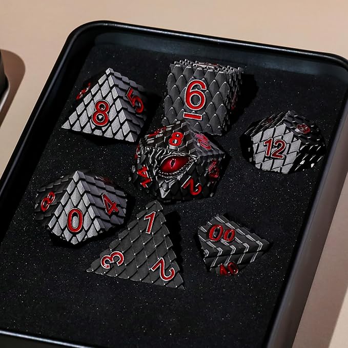 Metal Dice Set D&D,7 PCS Dragon Scale Metallic DND Dice Set,Dragon Eye Metal Dice with Gift Metal Box for Dungeons and Dragon Tabletop Game (Black Dragon Scale & Red Eye)