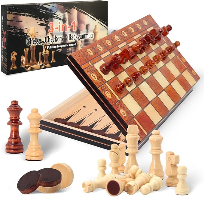 11.4" 3-in-1 Magnetic Chess, Checkers, and Backgammon Set - Extra Queens - Wooden portable and foldable Board game, Travel Game Set for Adults, Kids and Elder - Gift for parents and children