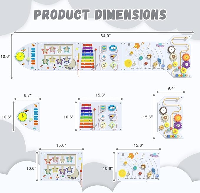 Rocket Sensory Wall Panel for Kids - Montessori Toddler Activity Board, Busy Board Panels, Wall Toys for Toddlers 3, Activity Cube, White Grey