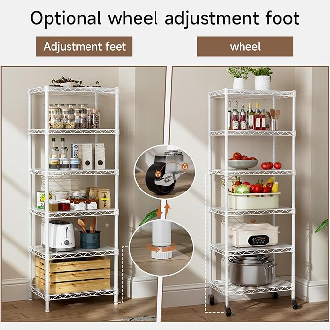 Small 6 Tier Shelves Storage Wire Shelving Unit Metal Shelf Adjustable Organizers Storage Shelving with Wheels for Bathroom Laundry Room Kitchen Pantry12”D x 18”W x 61.6”H White