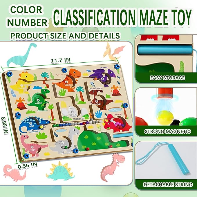 Mom&myaboys Toddler Montessori Wooden Puzzle Activity Board for 3-6 Year Old - Fine Motor Skills Maze Toys, Number and Color Maze Board - Dinosaur Gifts