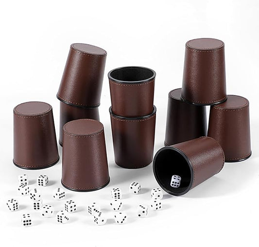 10x Dice Cup Set, PU Leather Dice Shaker Cups with 50 Dices for Bar Party Yahtzee Farkle Dice Games, Coffee (10, Brown)