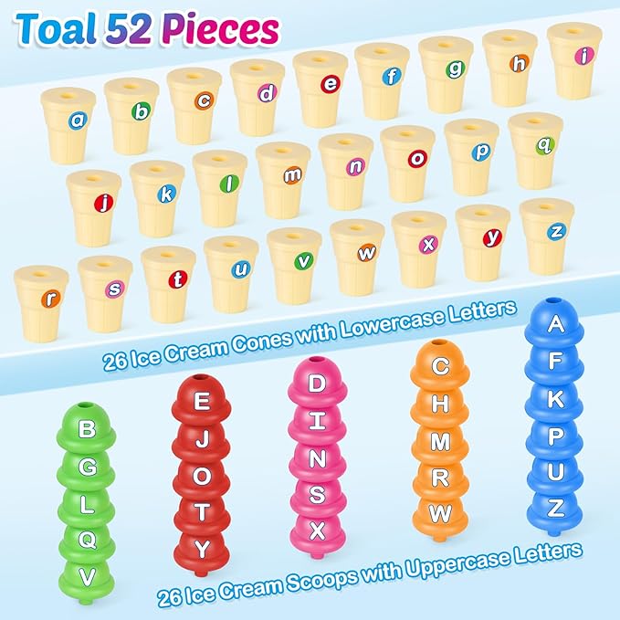 Torlam Alphabet Learning Ice Cream Toy Play Set, Toddler to Little Kid, Letter Matching Toy, 26 Letters Games, 52 Pieces