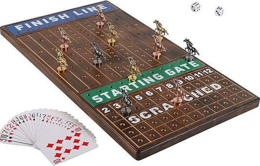 Large 21 inches Horse Racing Board Game Thickened Solid Wood with 11 Luxurious Durable Classic Metal Horses Including Dice and Cards Finish LINE Race Game Set (Large, Burning)