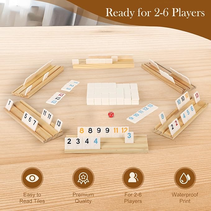 Upgraded 6 Players Rummy Game with 6 Wooden Racks, 160 Melamine Tiles, Drawstring Bag, Premium Portable Case, Tile Board Games for Adults, Birthday Gifts for Women Men Dad Mom Husband Wife