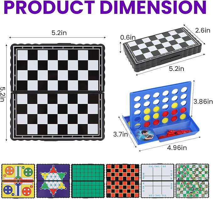 8-in-1 Mini Travel Board Games Set, Magnetic Checkers Game with Folding Magnet Board, 4 in a Row Game, 5.2'' Compact Design Ideal for Family/Road Trip/Travel/Camping Party, Included Storage Bag