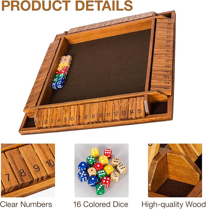 Upgraded 16.54’’ Shut The Box Dice Game with 15 Numbers for 1-4 Players, Large Wooden Board Math Game 16 Dices, Tabletop Games Kids Adults Family Party Birthday