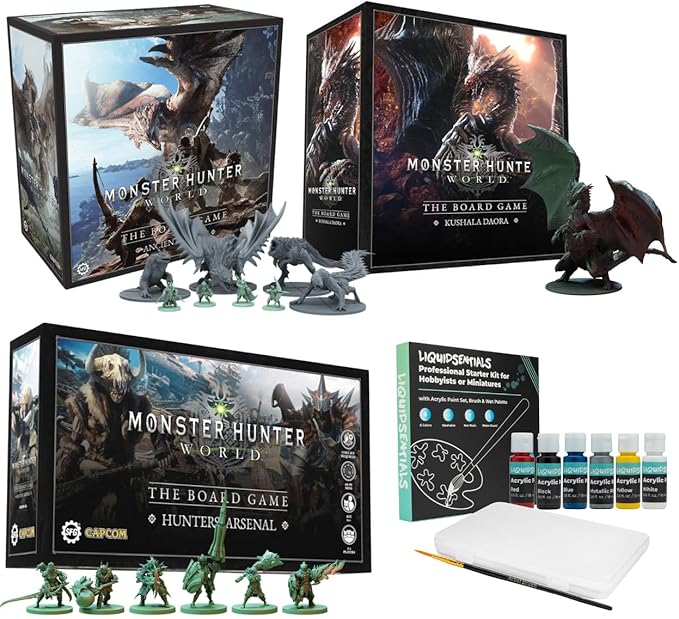 Steamforged Games Monster Hunter World Ancient Forest Board Game with Miniatures for Thrilling Expeditions & Epic Battles with Kushala Daora, Hunter's Arsenal Expansion, and Paint Set (4 Items)