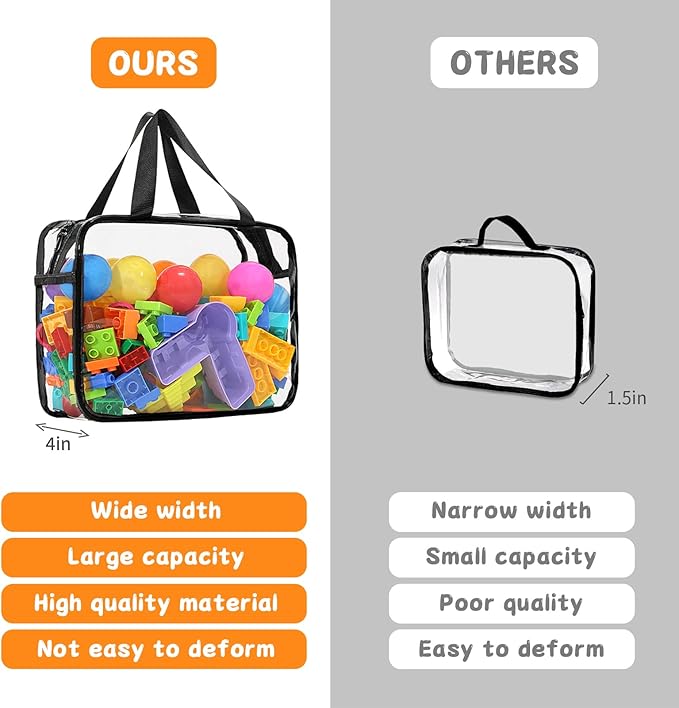 9 Pcs Toy Storage Bags, Clear PVC Toy Organizer Bag Include 6Pcs Large Handheld and 3Pcs Medium Zipper Bags with Labels for Organizing Board Game, Building Blocks (Black)