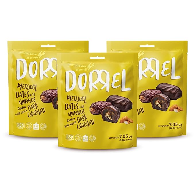 DORREL - Belgian Dark Chocolate Covered Dates (Medjool) with Salted Almonds Stuffing, High Energy Vegan Choco Snack, Delicious, Kosher & Non-GMO, Pack of 3 Stuffed Chocolate Dates, 7.05 oz / 200 g Ea