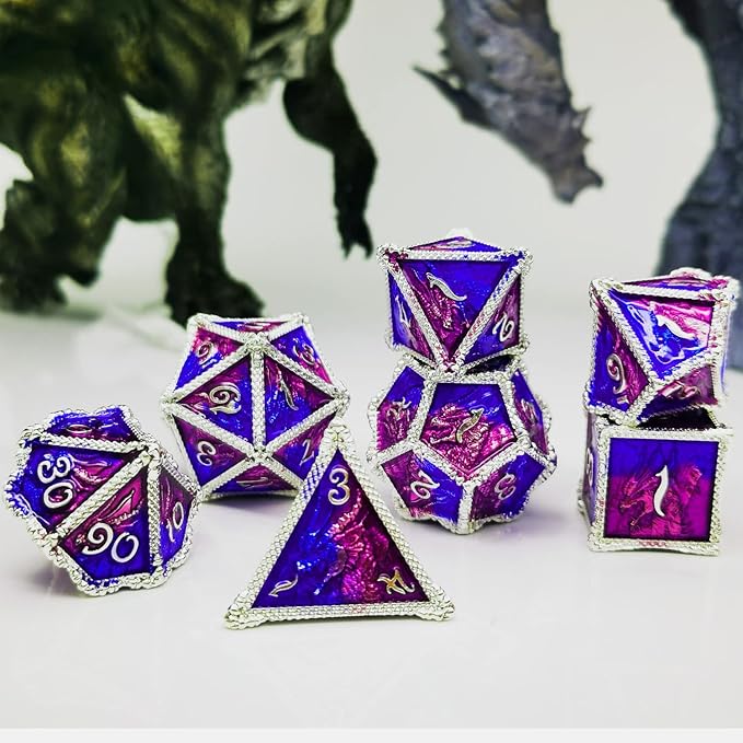 HAOMEJA DND Dice Metal Dragon Set Dice 7 Role Playing Dice D&D Solid Dice Dungeons and Dragons (Silver Blue Purple)