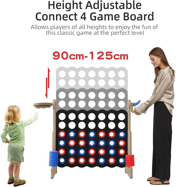 UNICOO® Height Adjustable Jumbo 4-to-Score Game, 4 in A Row Game with Basketball Hoop, Ring Toss, Carrying Bag, Indoor Outdoor Yard Game, Parties & Family Gatherings