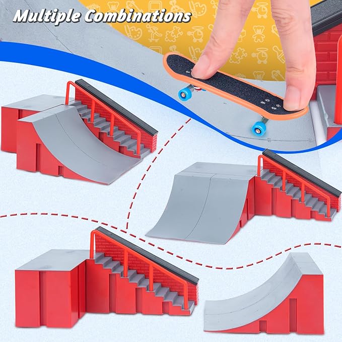 Finger Skateboards Ramp Set, Fingerboard Skatepark Deck with Ramps, Fingerboard Half Pipe Ramp for Kids Adults Fingerboard Training Props Interactive Freestyle Skate Game B