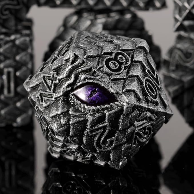 Metal Dice Set D&D,7 PCS Dragon Scale Metallic DND Dice Set,Dragon Eye Metal Dice with Grogeous Gift Case for Dungeons and Dragon Tabletop Game (Old Grey Dragon Scale & Purple Eye)