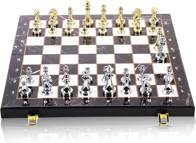 Metal Chess Set for Adults and Kids, 15''Large Marbling Chess Board with Storage –2 Extra Queens and 32 zinc Alloy Metal Pieces with a Sense of Weight,Folding Portable Travel Unique Chess Sets Game