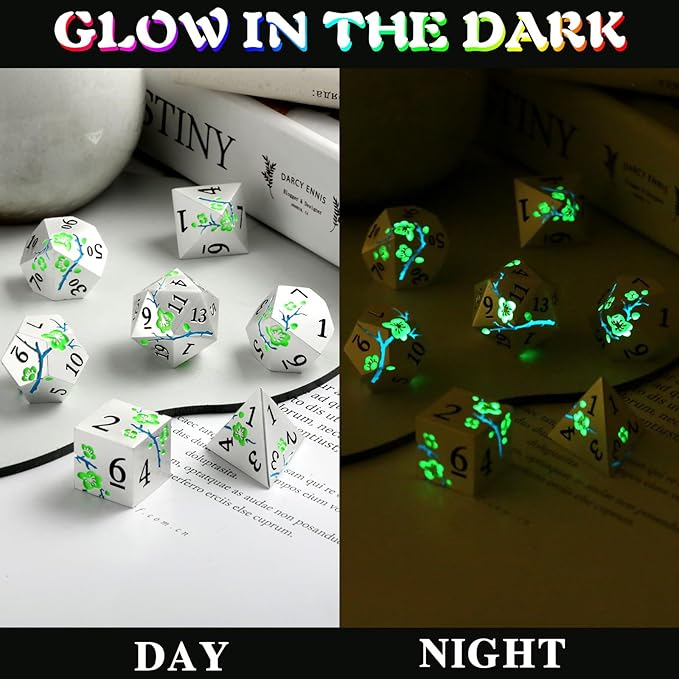 Glow in The Dark Metal Dice, DNDND 7 PCS Green Metallic D&D Dice Set with Gorgeous Gift Case for Dungeons and Dragon Tabletop Game (Glow in The Dark Green)
