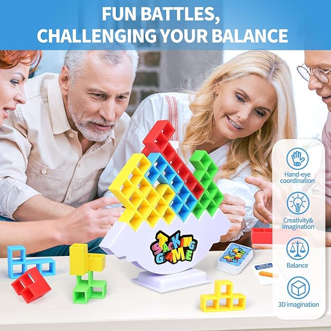 48PCS Stack Game for Adult & Kids, Tetra Board Tower Games for Family Travel Party, 2 Players Balance Stacking Toy Attack, Team Toys Building Block