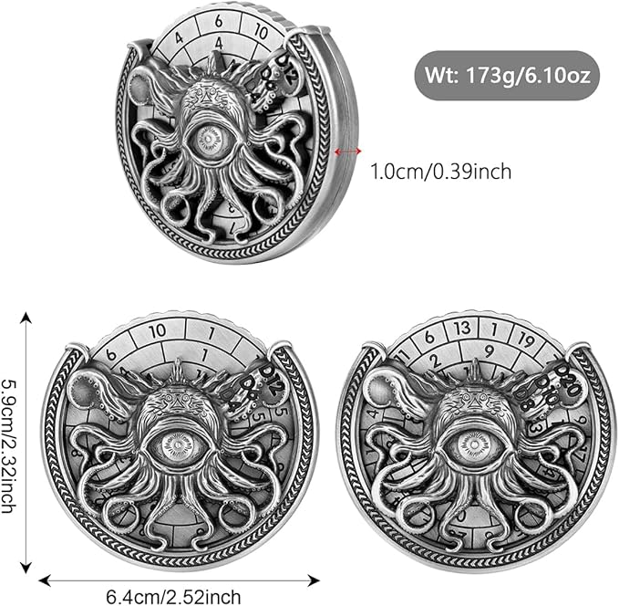 Spinner DND Dice Set, 7-in-1 Metallic D&D Dice, One-Eyed Octopus Roulette Dice Spinner for DND Dice Set, D&D Gifts with Gift Box, Role Playing Game Board Game Accessories, Dark Silver