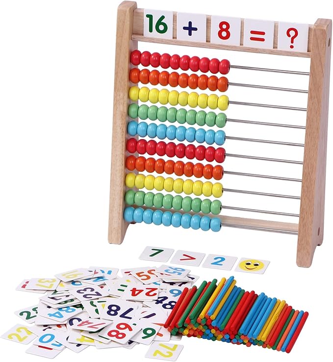 Wooden Abacus for Kids Math with 100 Counting Sticks and Number Toys Cards 1-100 and 2 in 1 Multiplication Addition Math Board Game for Kids - Wooden Montessori Math Toys for Girls Boys