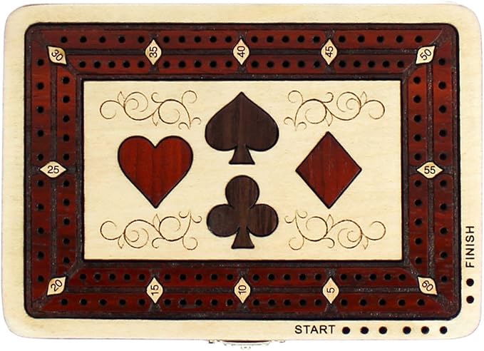 2 Track - Wooden Cribbage Board/Box - Inlaid in Maple Wood/Bloodwood - Storage for Pegs & One Deck of Cards - 60 Points - Non Continuous (Maple Wood/Bloodwood)