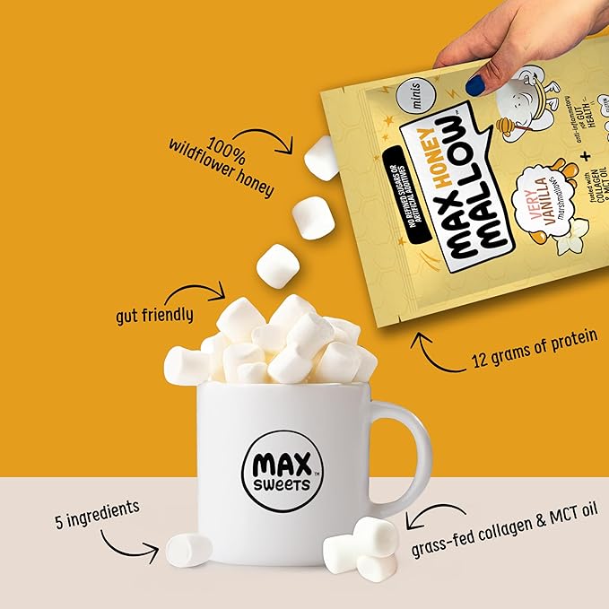 Max Mallow Very Vanilla Mini HONEY Marshmallows – Gut Friendly, Gluten Free, No Refined Sugars, Real Wildflower Honey, Collagen-Infused Snack (6 Pack, Very Vanilla)