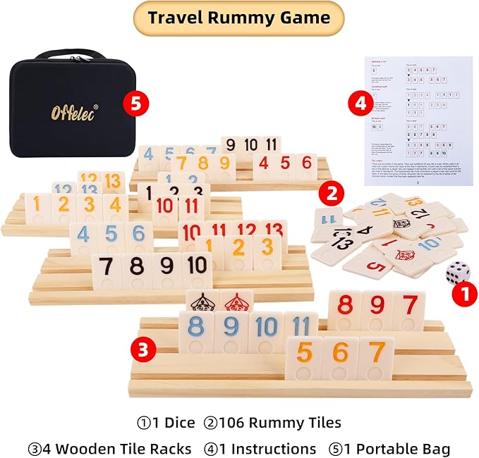 Rummy Tiles & Cube Game Set with 106 Large Number Tiles, 4 Wooden Racks & Dice - Family Board Game for Adults, Kids & Parties - Classic Tile Game for 2-4 Players, Great Gifts