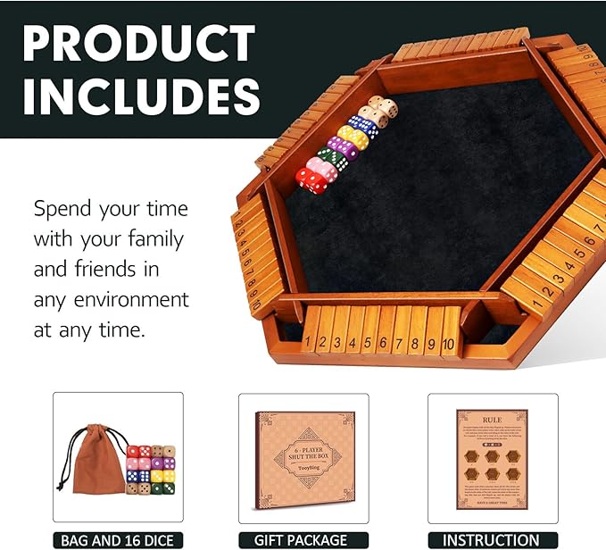 Upgraded 1-6 Players Shut The Box Dice Game, Wooden Board Table Family Game for Kids and Adults with 16 Dice, Classic Tabletop Math Game for Pub Classroom Party, Gift for Christmas Birthday