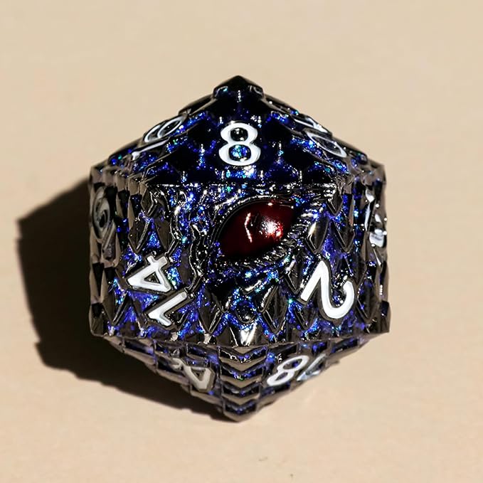 Metal Dice Set D&D,7 PCS Dragon Scale Metallic DND Dice Set,Dragon Eye Metal Dice with Gift Metal Box for Dungeons and Dragon Tabletop Game (Glitter Blue Dragon Scale & Red Eye)