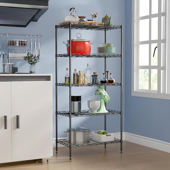 5-Tier Shelves Height Adjustable Storage Shelves Shelving Unit 11”Dx21”Wx48”H Wire Shelving NSF Certified Storage Shelf with Leveling Feet for Home Kitchen Garage, Black