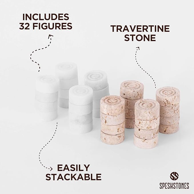 Marble Checkers 1.25 Inch White and Travertine Stone Pieces for Classic Checker Board Games, Tabletop Strategy Set for Adults & Family, Travel and Outdoor Play