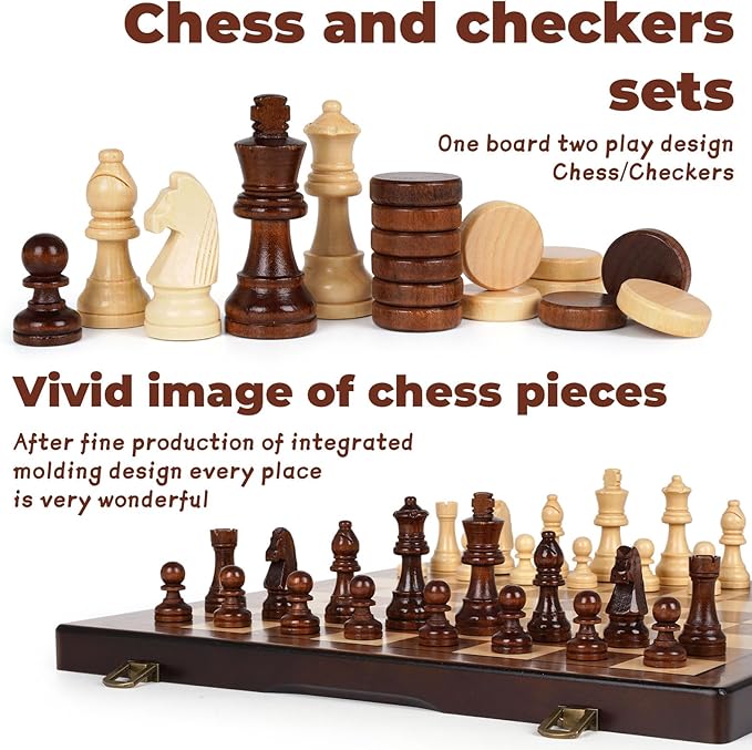 2 in 1 Magnetic Chess Set and Checkers Board Game Set 15" Wooden Folding Chess Board with 2 Extra Queens Travel Chess Sets Family Board Game Gift for Kids, Adults Portable Elegant Classic Chess Game