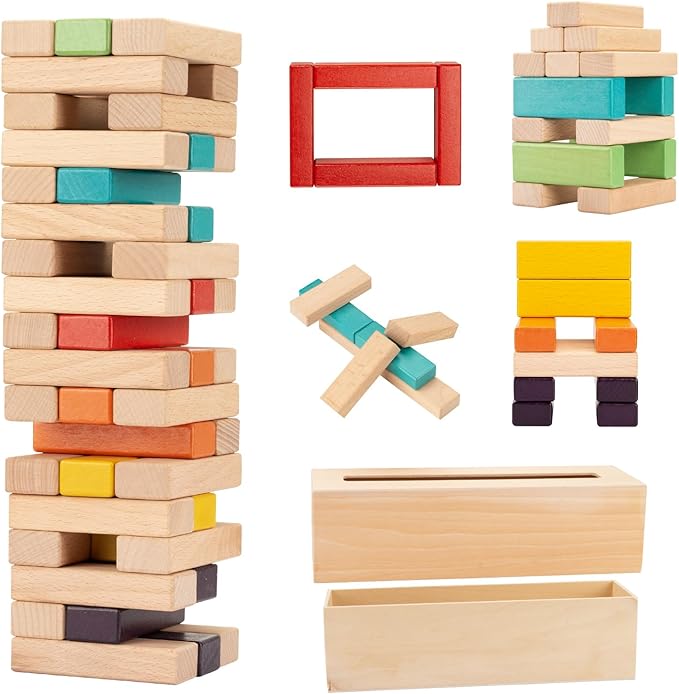 Tumble Tower Game – 54 pcs Wooden Blocks Stacking Game for Kids and Adults, Classic Family Board Game for Indoors Outdoors, Classic Size Timber Stacking Game Night Toy, Perfect for Party, Family Fun