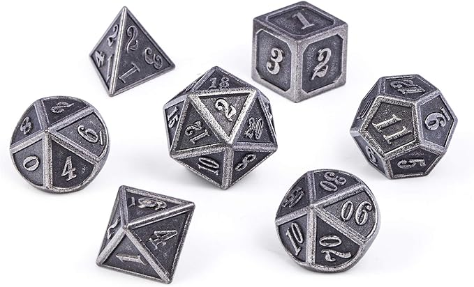 DnDnD Acient Silver Metal DND Dice Set, 7PCS D&D Metal Dice with Metal Case for Dungeons and Dragons, Shadowrun, Pathfinder, Savage World and Table Games