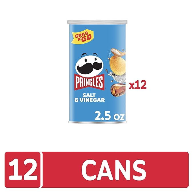 Pringles Potato Crisps Chips, Lunch Snacks, On-The-Go Snacks, Grab n' Go, Salt and Vinegar (12 Cans)