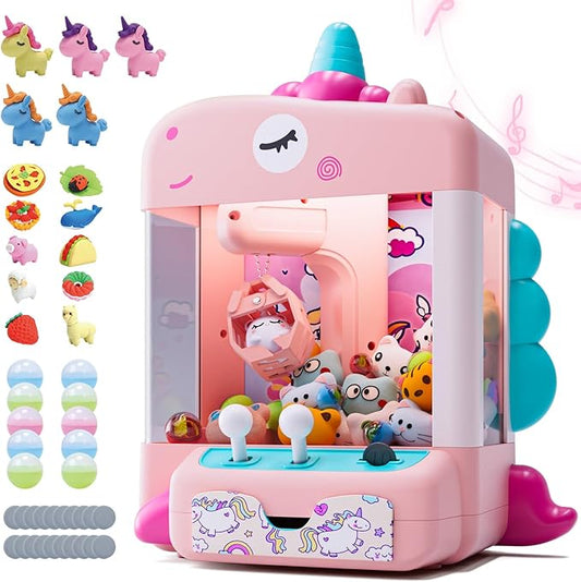 Skirfy Unicorns Claw Machine, Mini Vending Machine with Lights & Music, Adjustable Sound, Candy and Electronic Prize Dispenser, Includes 45 Toys, Candy and Birthday Gift for Kids Girls