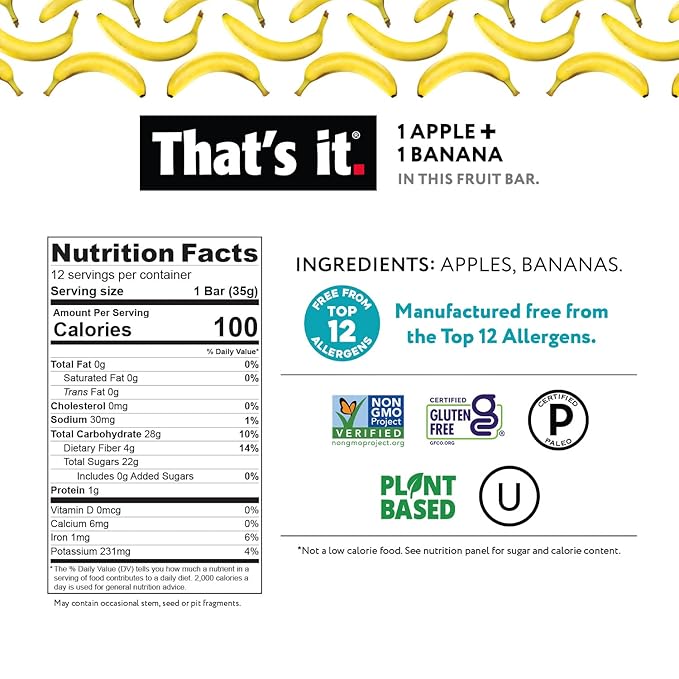 That's it Apple + Banana 100% Natural Real Fruit Bar, Best High Fiber Vegan, Gluten Free Healthy Snack, Paleo for Children & Adults, Non GMO Sugar-Free, No Preservatives Energy Food (12 Pack)