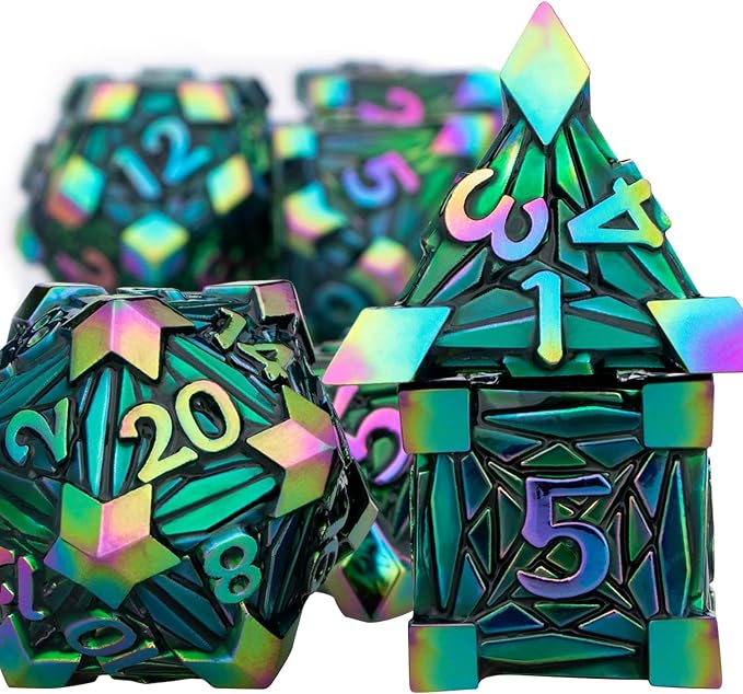 7PCS Metal DND Dice Set with Box, Debris RPG Red D and D Dice for use with D&D Tabletop Games Role Playing Game Polyhedral Dice Set D20 D12 D10 D8 D6 D4