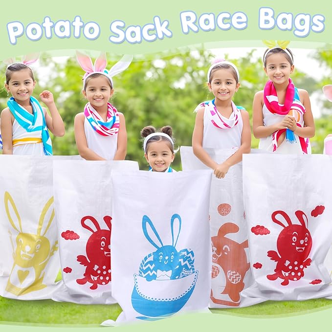 26pcs Easter Games for Kids Outdoor Potato Sack Race Bags Inflatable Bunny Ears Ring Toss Game Egg and Spoon Pin The Tail on The Bunny Game for Party Favors