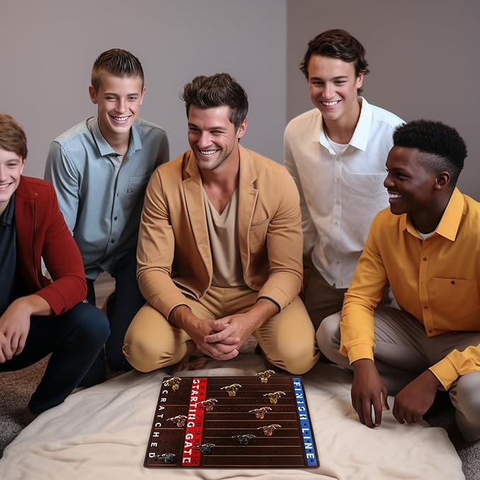 Horse Race Board Game with 11 Luxurious Durable Classic Metal Horses with 4 Dice and 2 Boxes of Cards Thickened Solid Wood Horse Racing Dice Game (Walnut Color,Rectangle)