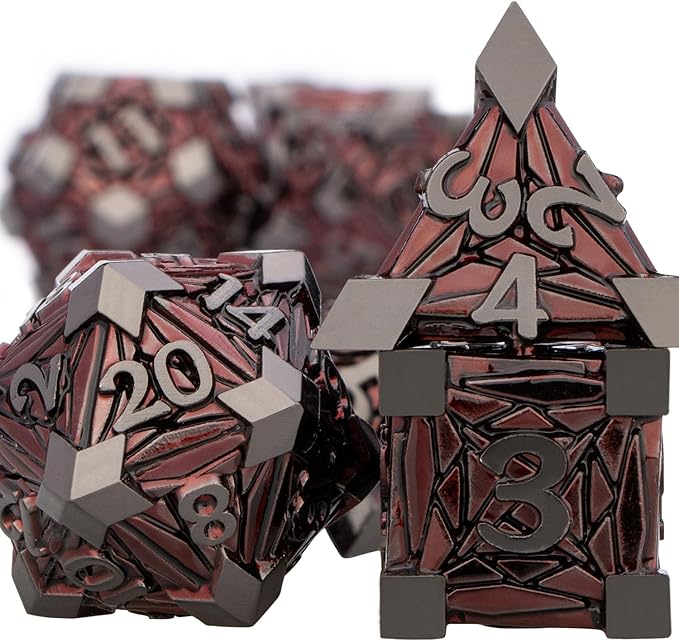 7PCS Metal DND Dice Set with Box, Debris RPG Red D and D Dice for use with D&D Tabletop Games Role Playing Game Polyhedral Dice Set D20 D12 D10 D8 D6 D4