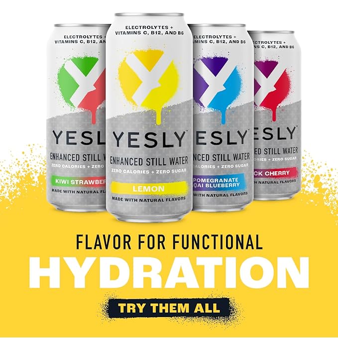 Yesly Functional Water, Lemon, Naturally Flavored Still Water with Electrolytes, Magnesium, Potassium, Vitamin C, B6 & B12, Zero Sugar, No Artificial Sweeteners, Caffeine Free, 16 Fl Oz Cans, 12 Pack
