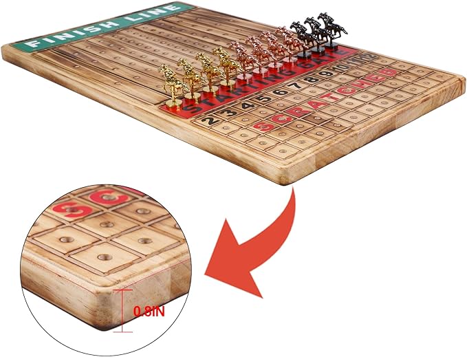 Large 21 inches Horse Racing Board Game with 11 Luxury Metal Horses Thickened Wood Horse Race Game Board with 2 Sets of Dice,2 Boxes of Cards and 100 Poker Chips for Parties and Gambling