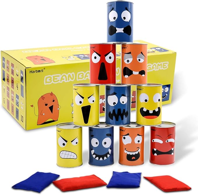 Halloween Bean Bag Toss Game for Kids & Family, Carnival Party Game with 10 Funny Face Cans & 4 Bean Bags