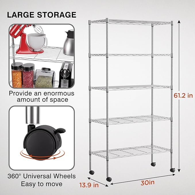 FDW Adjustable Storage Shelves 5-Tier Wire Shelving Unit Heavy Duty Metal Shelves with Wheels 14”Dx30”Wx61”H Storage Shelf Rack for Home Kitchen Commercial, Chrome