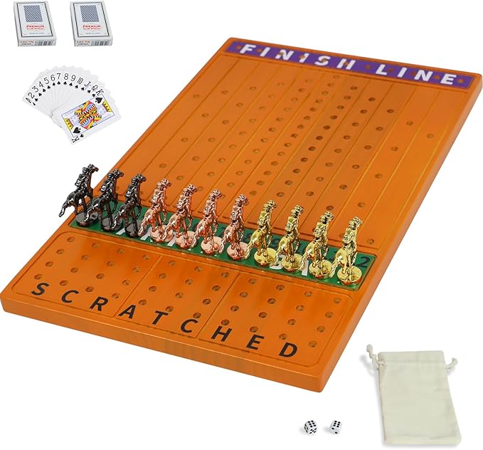 Horse Race Board Game Racing Game Thickened Solid Wood with 11 Luxurious Durable Classic Metal Horses with 4 Dice and 2 Boxes of Cards Horse Racing Game (Red Peach, Rectangle
