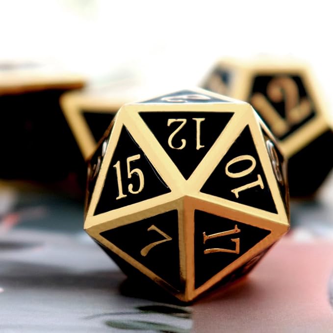 Haxtec DND Metal Dice Set D&D Dice for Dungeons and Dragons Roleplaying Games-Glossy Enamel Dice (Gold Black)